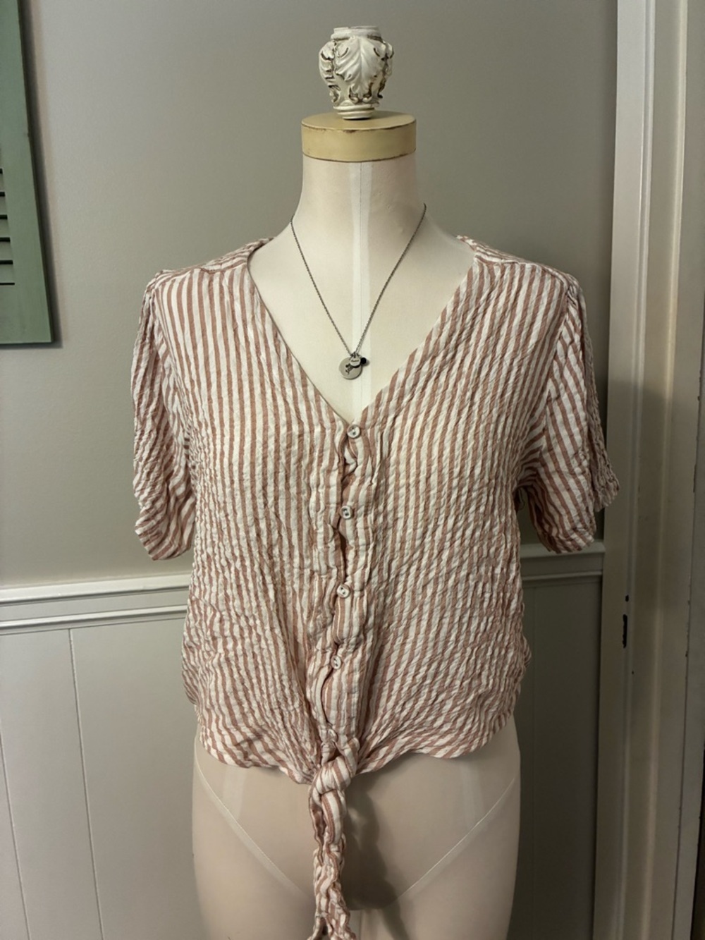 Jane and Delancey Striped Cropped Tie-Front Button-Down Top - Blush and White